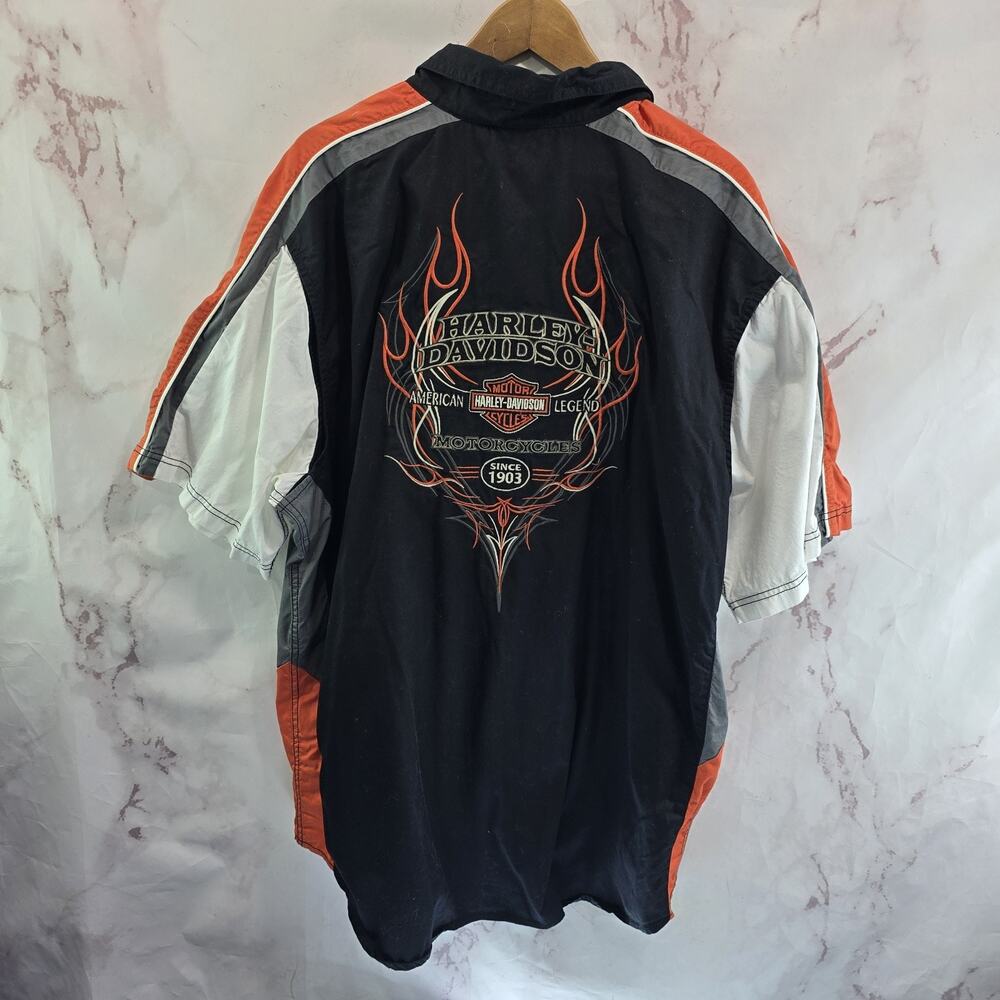 Harley Davidson Shirt Mens 2XL Black Orange Short Button Racing Flames Pit Crew